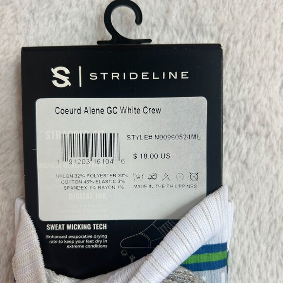 Strideline Coeurd Alene GC White Crew Socks Sweat Wicking Tech New - Picture 2 of 3